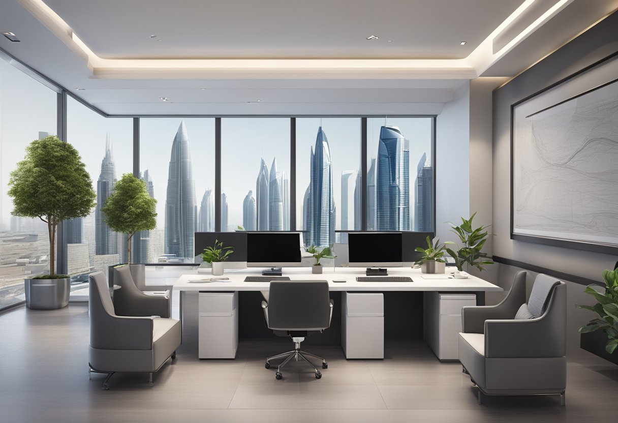 A modern office with sleek furniture and high-tech equipment. The Elite PRO Service Dubai logo prominently displayed. A professional and efficient atmosphere