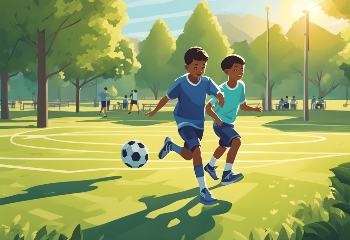 Two boys playfully tossing a football in a sunlit park