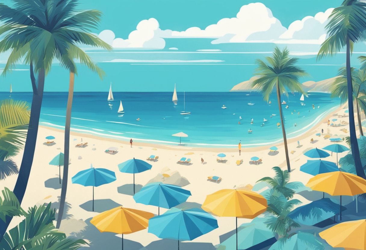 A beach with vibrant umbrellas, clear blue waters, and palm trees swaying in the breeze