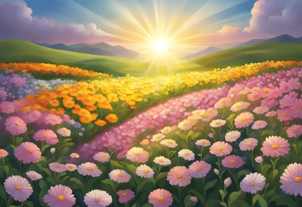 A glowing sun radiates light onto a field of blooming flowers, symbolizing personal power and prosperity