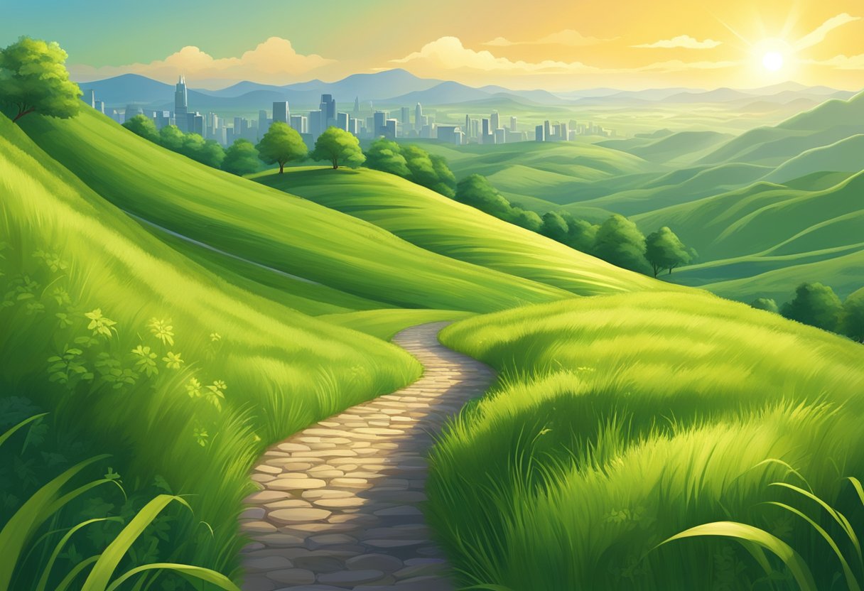 A sunlit path winds through lush green hills towards a shining city skyline, symbolizing personal power and prosperity