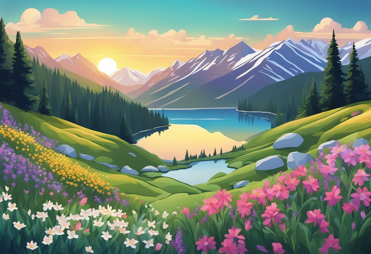 A serene landscape with snowy mountains, a calm lake, and a colorful array of wildflowers in a meadow