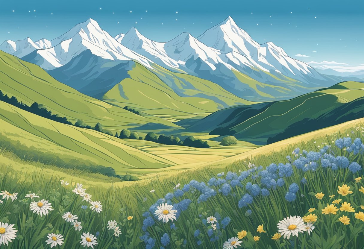 A serene landscape of rolling hills, with a backdrop of snow-capped mountains and a clear, blue sky. Wildflowers and grasses sway in the gentle breeze
