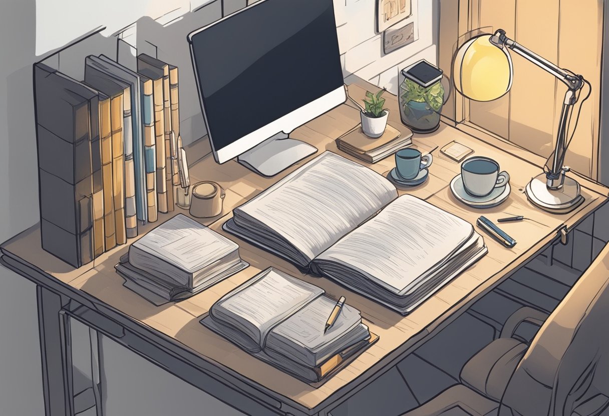 A cozy study with a desk covered in baby name books, a cup of tea, and a notepad filled with scribbled ideas