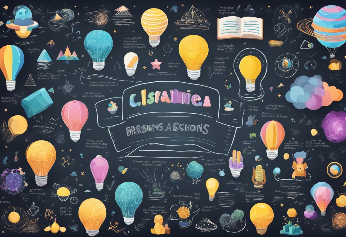 A colorful brainstorming session with various baby name ideas and their meanings displayed on a chalkboard, surrounded by inspirational images and objects