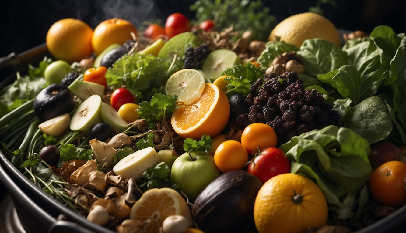 A variety of organic materials, such as fruit and vegetable scraps, leaves, and grass clippings, are piled together in a compost bin, with steam rising from the decomposing mixture