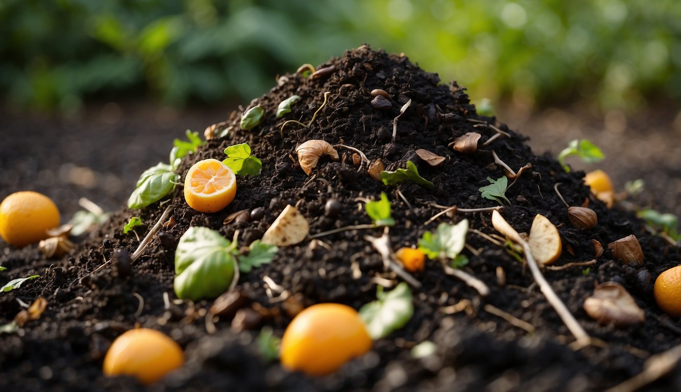 A compost pile sits in a garden, surrounded by rich, dark soil. Various organic materials are visible, such as fruit peels, leaves, and twigs. Steam rises from the pile, indicating the active decomposition process