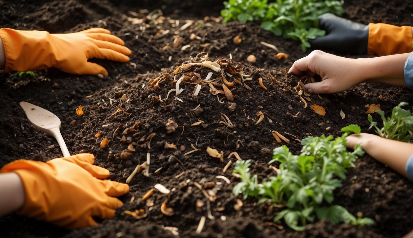 A diverse range of composting techniques are depicted, including vermicomposting, hot composting, and cold composting. Various materials such as kitchen scraps, yard waste, and shredded paper are shown being layered and mixed together to create nutrient-rich compost
