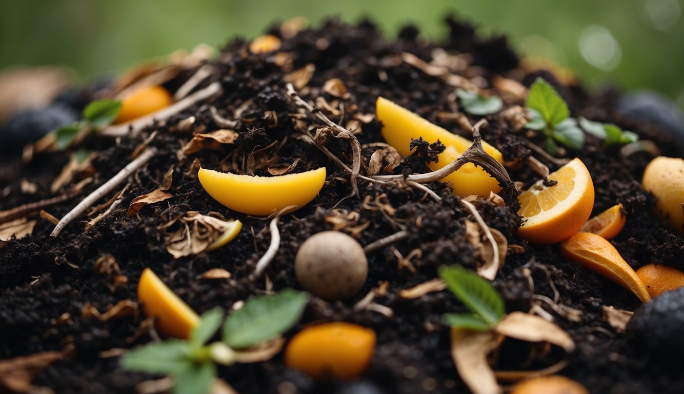 A compost pile surrounded by diverse organic materials, such as fruit peels, leaves, and twigs, with steam rising from the decomposing matter