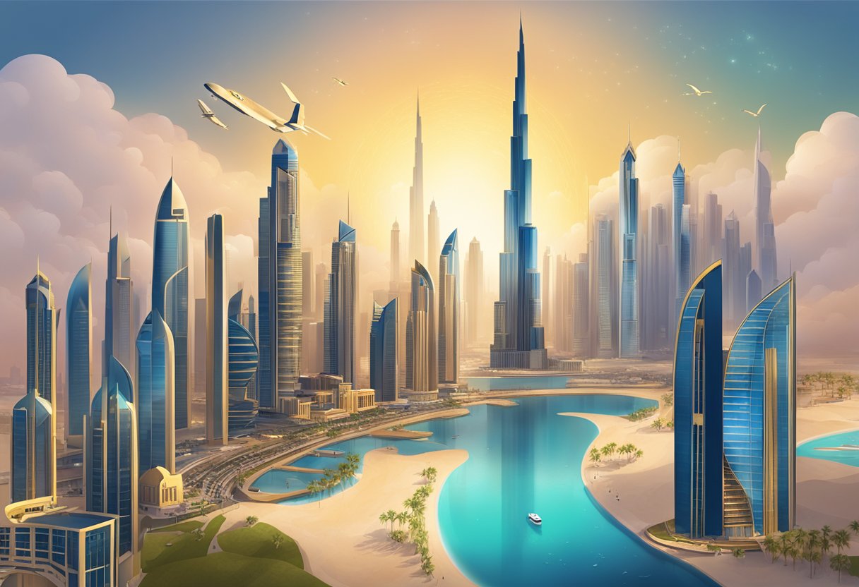 A luxurious skyline of Dubai with a shining golden visa symbol hovering above, representing the path to residency