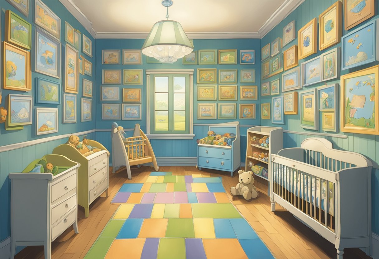 A nursery with a wall covered in colorful name plaques, each displaying a different baby boy's name ending in "ie."