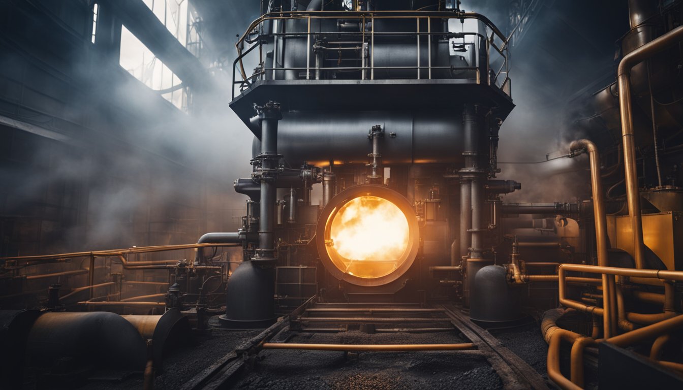 A coal gasifier emits steam and smoke, surrounded by pipes and machinery, with flames and heat visible inside the structure