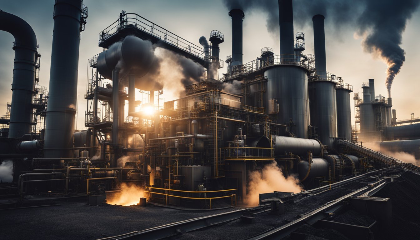 A coal gasifier looms over a industrial landscape, emitting plumes of smoke and steam, surrounded by pipes and machinery