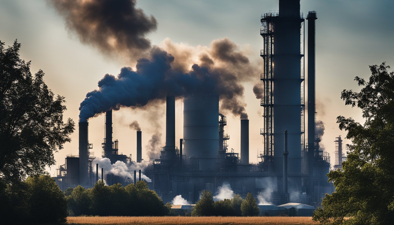 Industrial furnaces belching flames and billowing smoke against a backdrop of towering silos and cranes