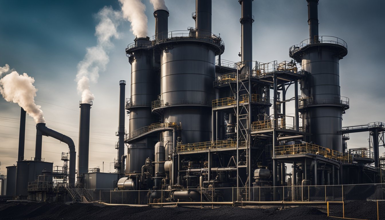 A coal gasifier stands tall, with pipes and valves, surrounded by industrial machinery and equipment. Smoke billows from its towering structure, creating a stark contrast against the surrounding landscape