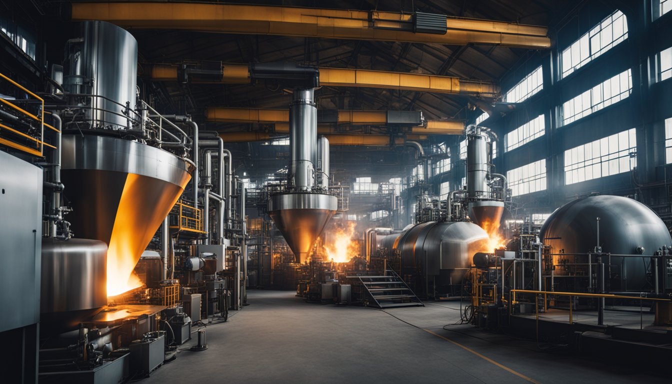 Various industrial furnaces in a large factory, emitting heat and glowing with intense flames, surrounded by pipes and machinery