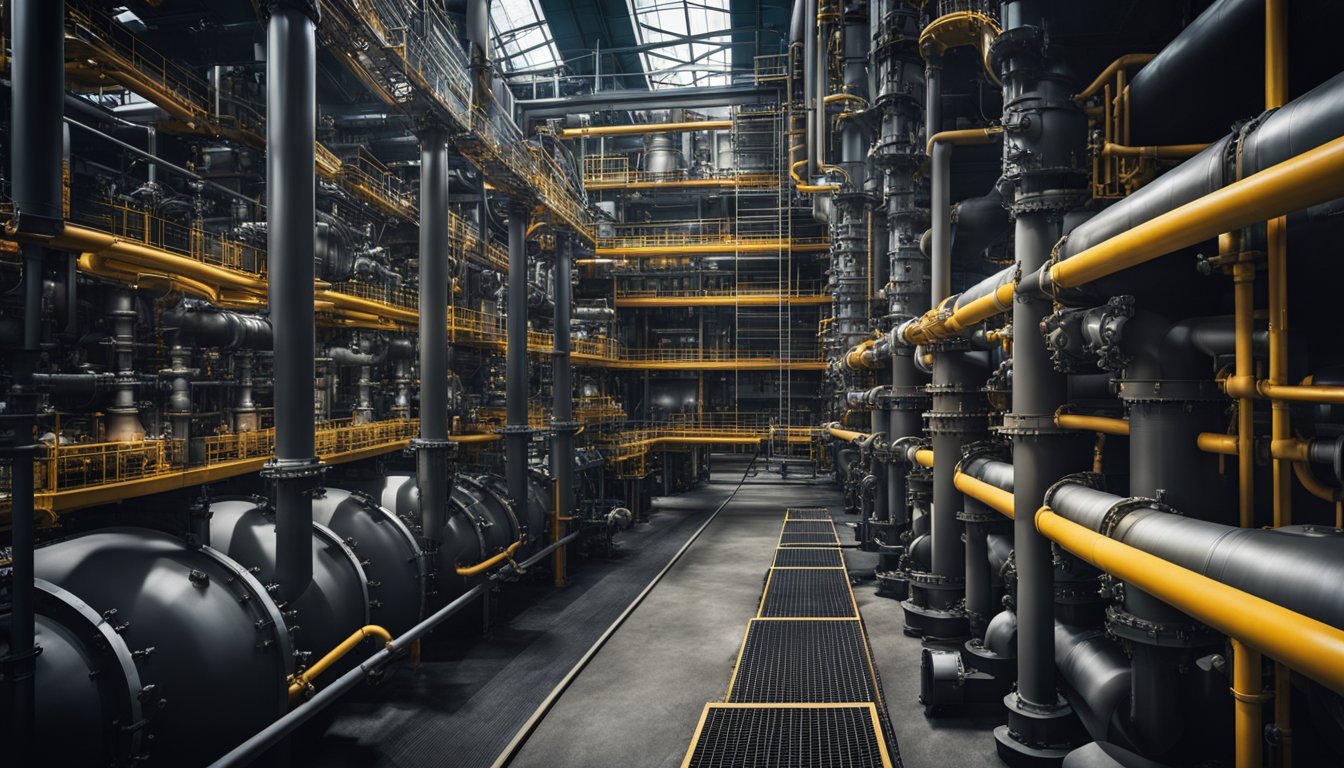 The coal gasifier components are arranged in a precise and orderly manner, with pipes, valves, and tanks interconnected to form a complex and intricate system