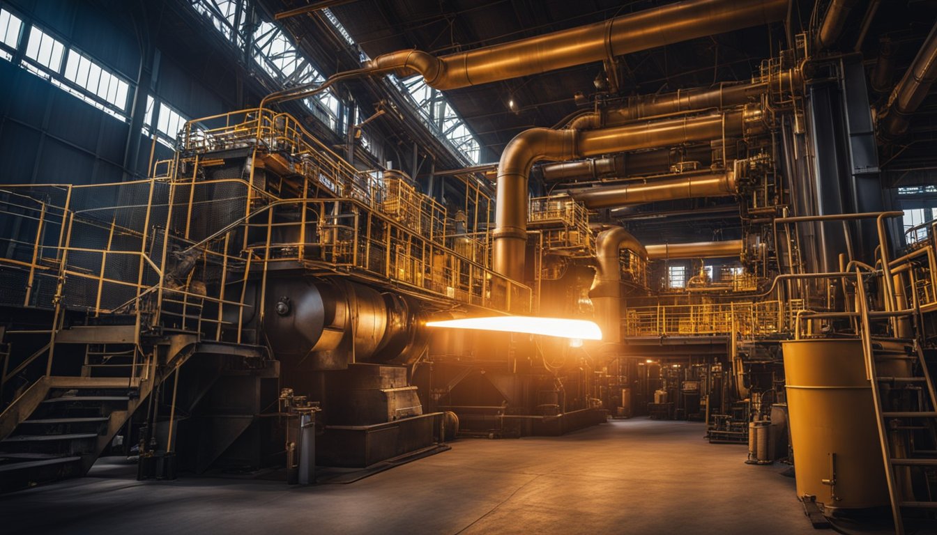 Industrial furnaces roar with intense heat, surrounded by pipes, gauges, and heavy machinery. The steel structures loom large, emitting a warm glow