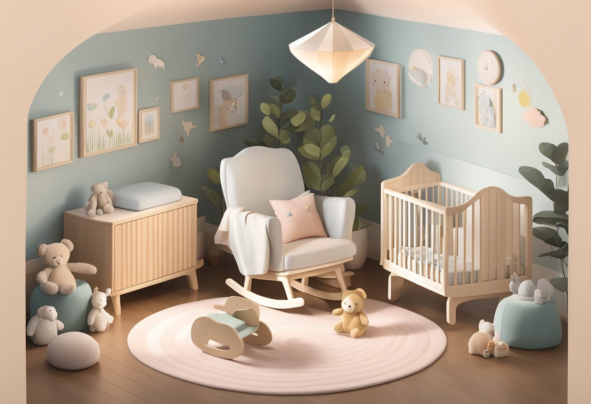 A nursery with soft colors, toys, and a cozy rocking chair