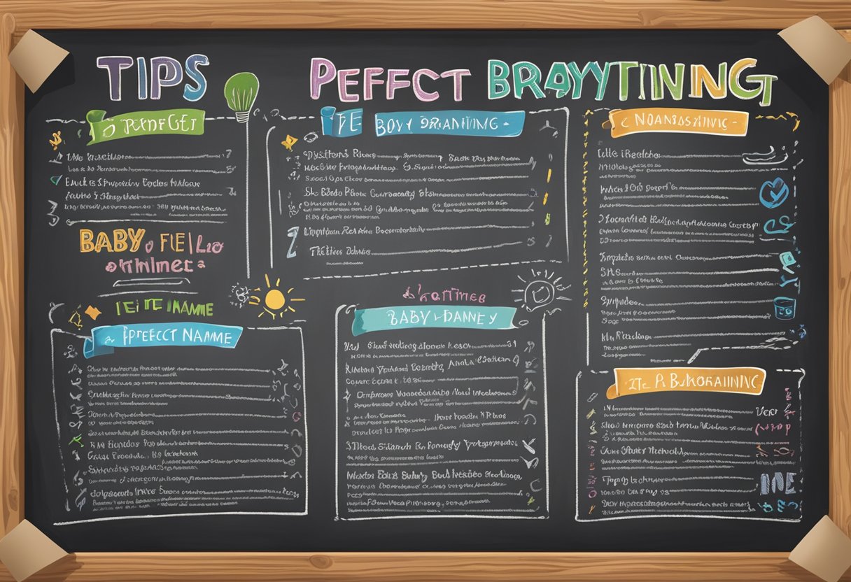 A colorful chalkboard with "Tips For Brainstorming The Perfect Name" and a list of baby boy names ending in "ie" written in bold, playful fonts