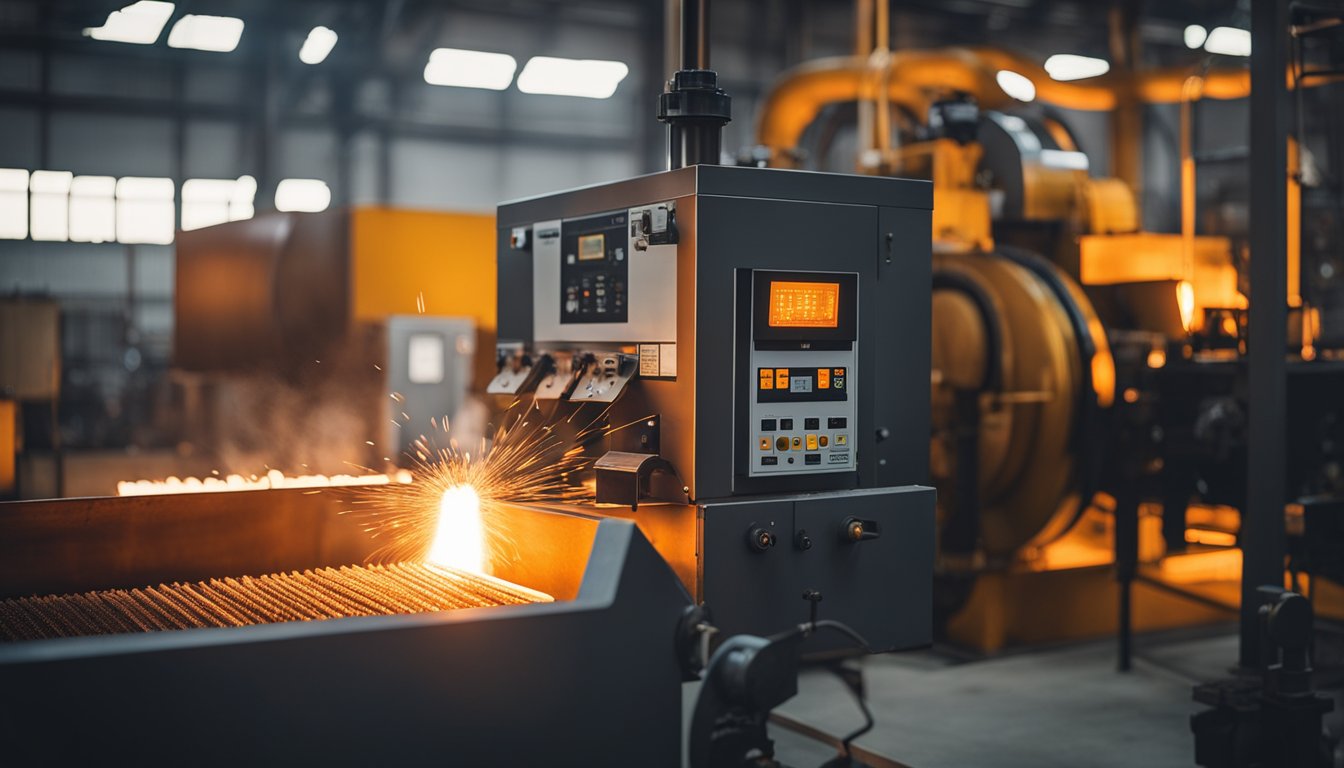 A heat treatment furnace glowing with intense heat, surrounded by industrial machinery and tools