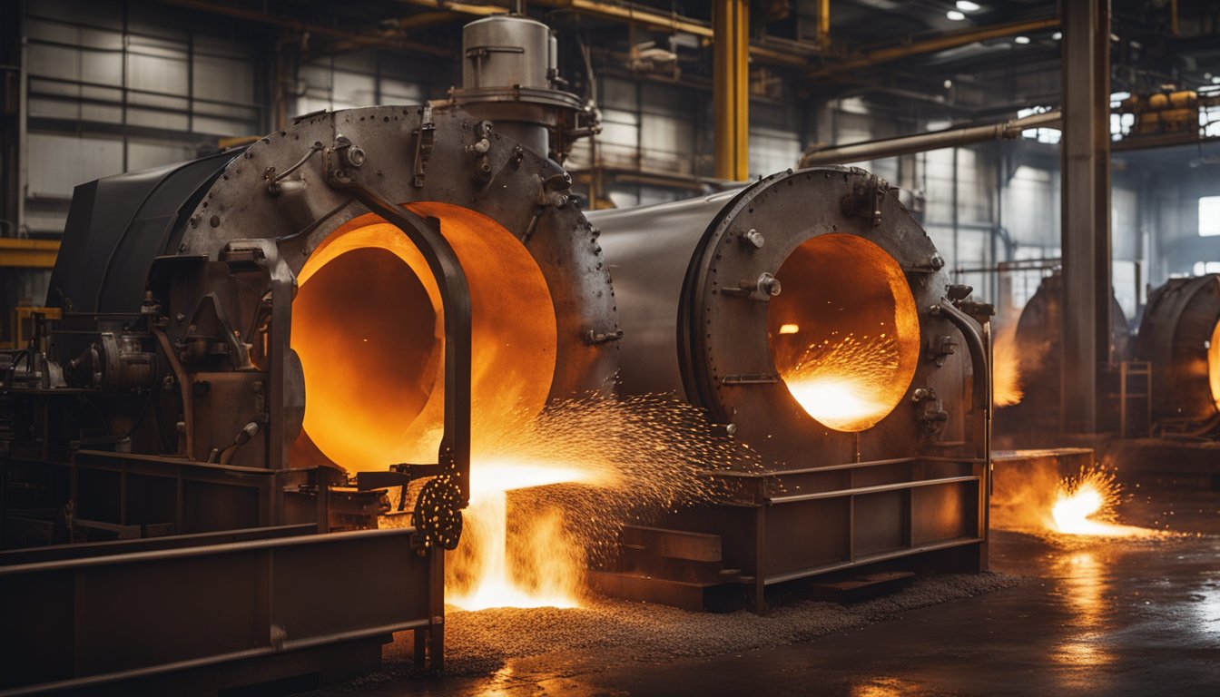 Molten aluminum pours from a glowing furnace, surrounded by heat and industrial machinery