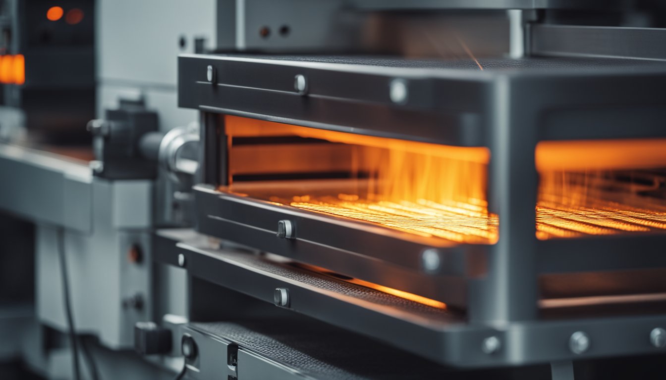 A heat treatment furnace glows red as metal parts are heated for strengthening and shaping