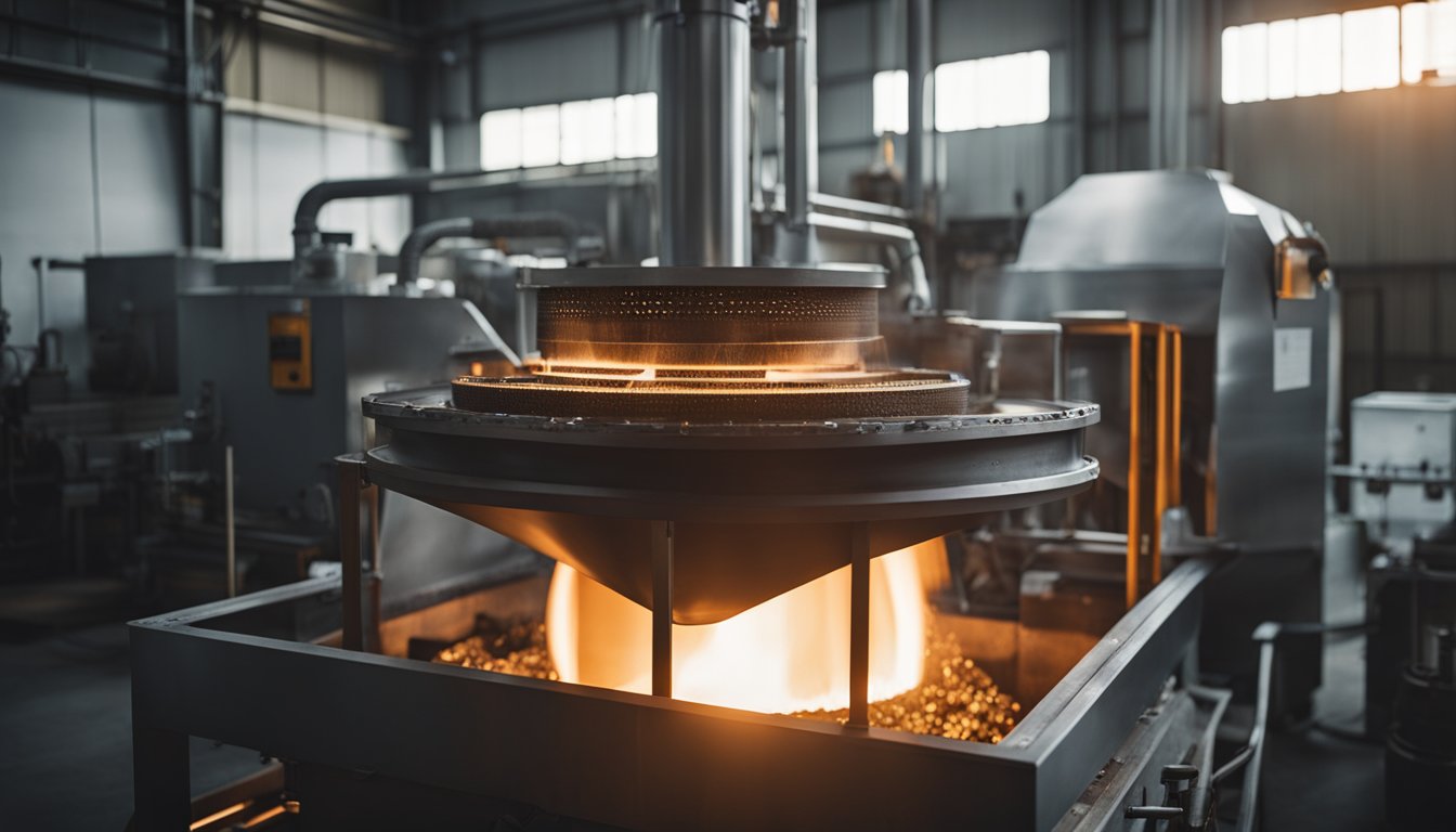 An aluminum melting furnace with glowing coils and molten metal pouring into molds