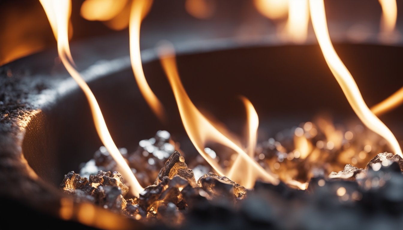 Molten aluminum flows from the furnace, glowing with intense heat. Flames dance around the crucible as the metal is heated to its melting point