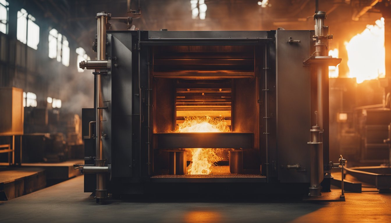 The heat treatment furnace roars to life, glowing red-hot as it engulfs metal parts in its fiery embrace. Flames dance and flicker within the chamber, casting an intense heat that transforms the materials within