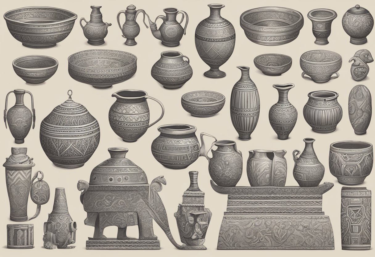 A collection of ancient artifacts and symbols, including traditional Illyrian patterns and motifs, arranged in a decorative display
