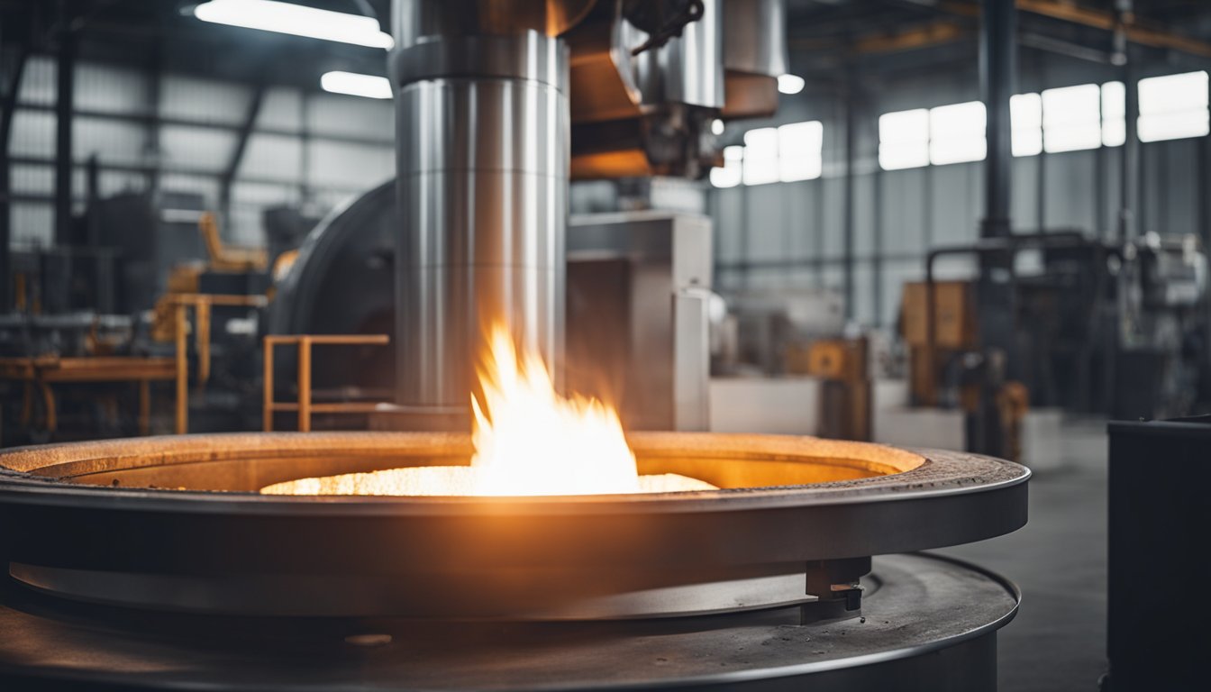 An aluminum melting furnace operates efficiently, with flames heating the metal. The furnace is enclosed in a well-insulated chamber, with minimal heat loss