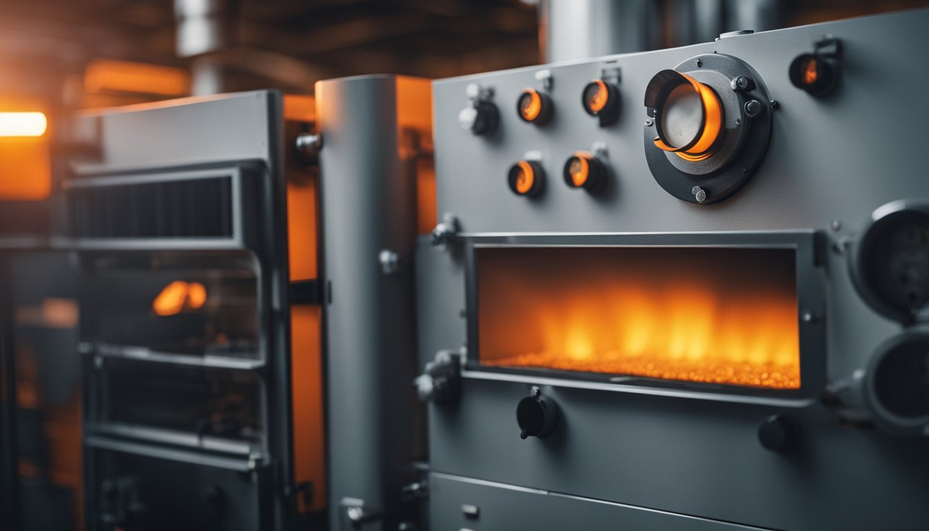 A heat treatment furnace glowing orange, with metal parts being heated inside. Flames and heat radiating from the furnace, with a control panel nearby