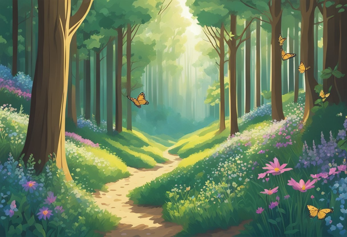 A serene forest clearing with soft sunlight filtering through the trees, surrounded by vibrant wildflowers and fluttering butterflies