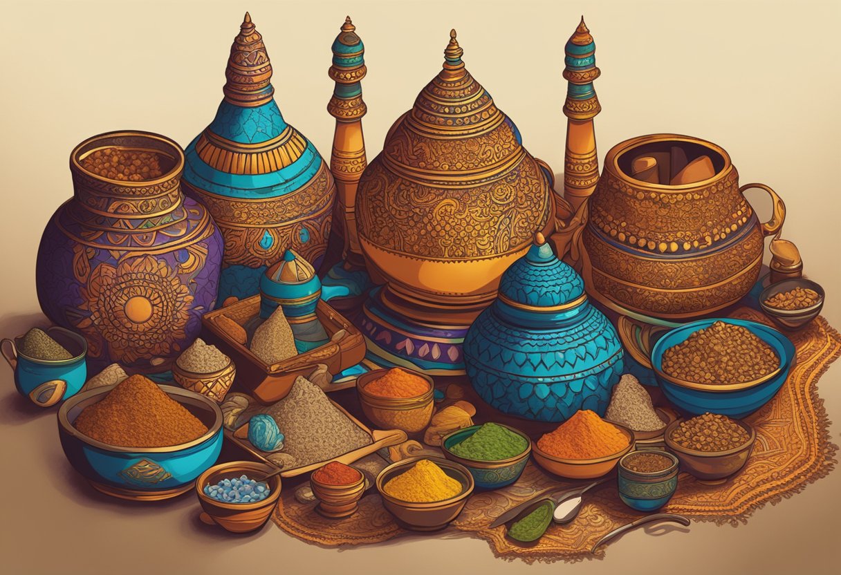 A colorful array of Indian-inspired objects and symbols, such as henna designs, spices, and traditional fabrics, arranged in a visually striking composition