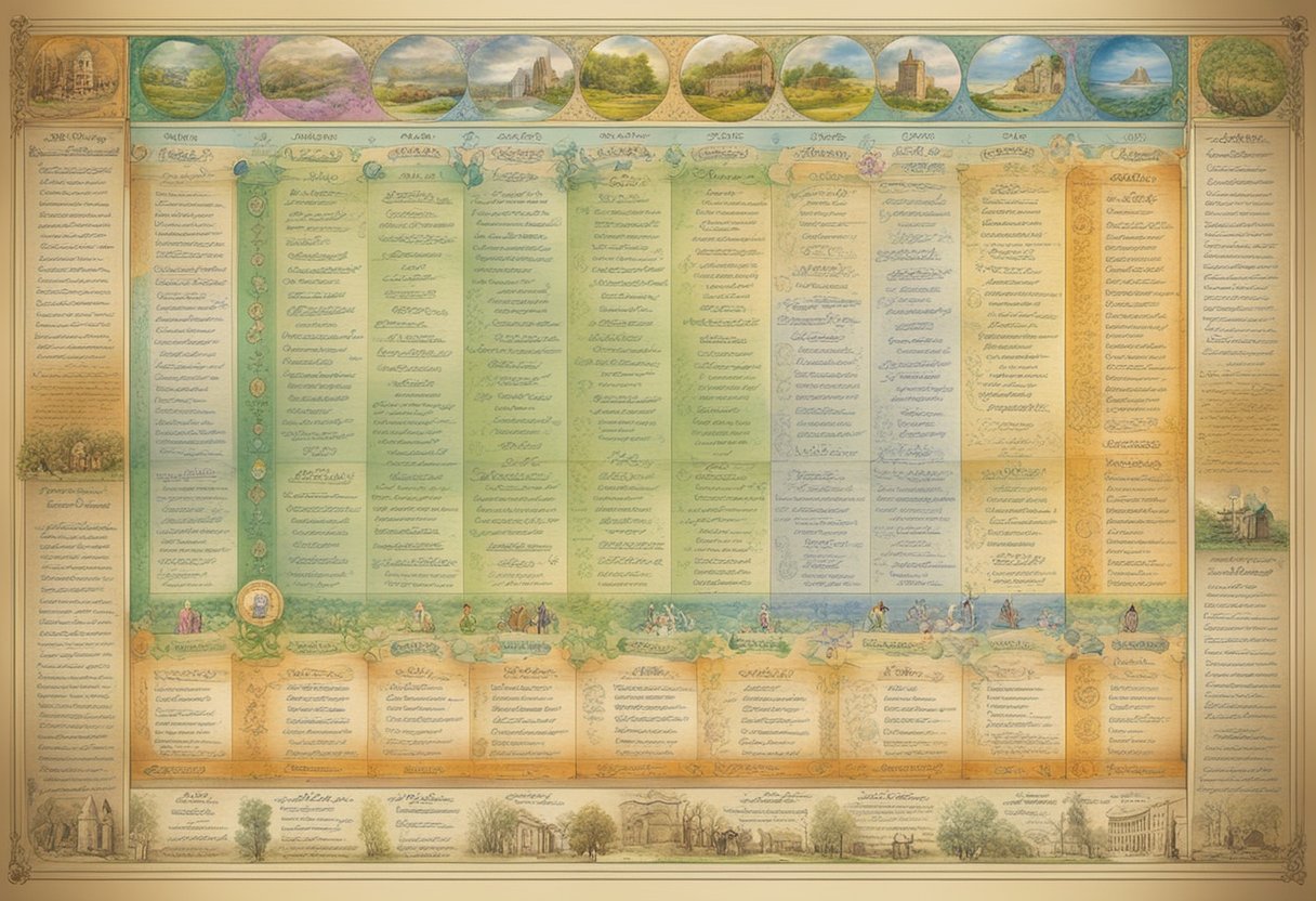A colorful display of Irish baby names and their meanings arranged on a vintage parchment scroll