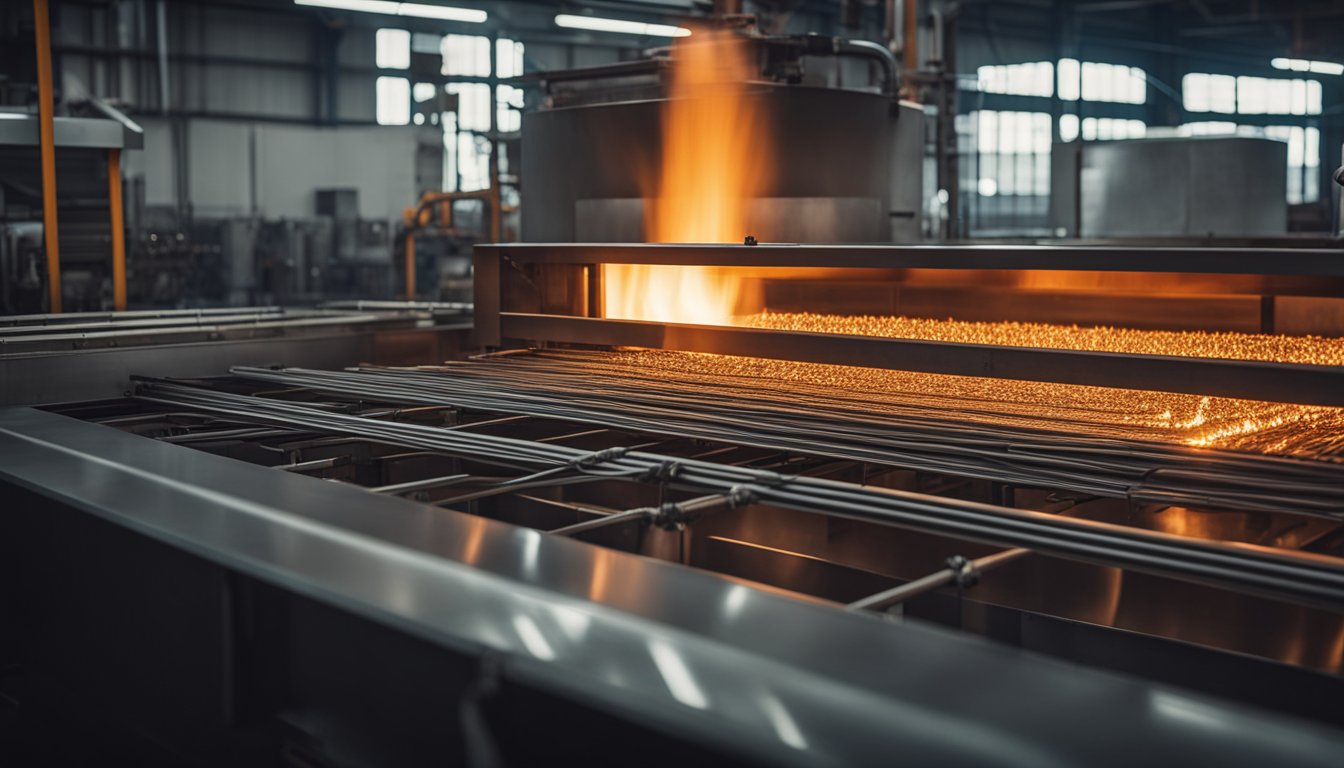 The annealing furnace glows orange as metal rods are slowly heated and then cooled, creating a controlled environment for stress relief and improved ductility