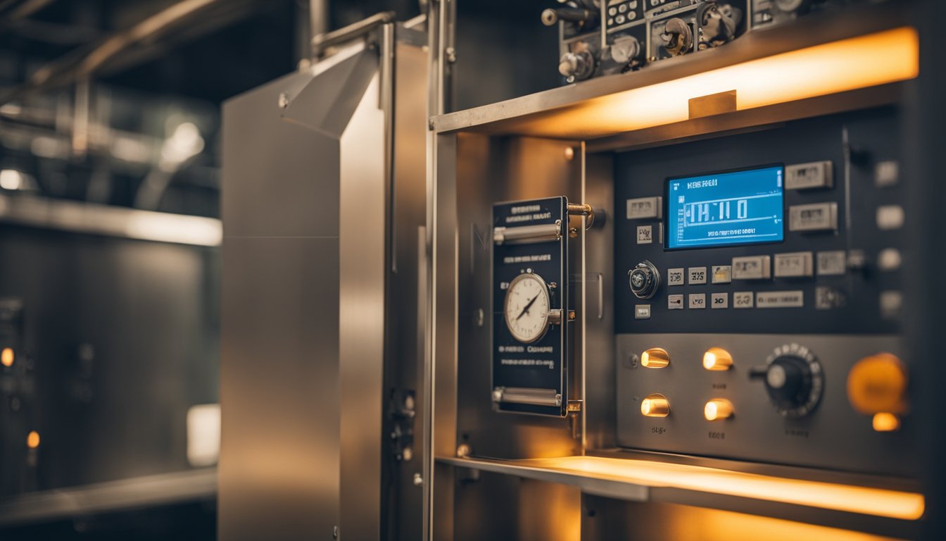 A metal annealing furnace with open door, glowing interior, and temperature gauge