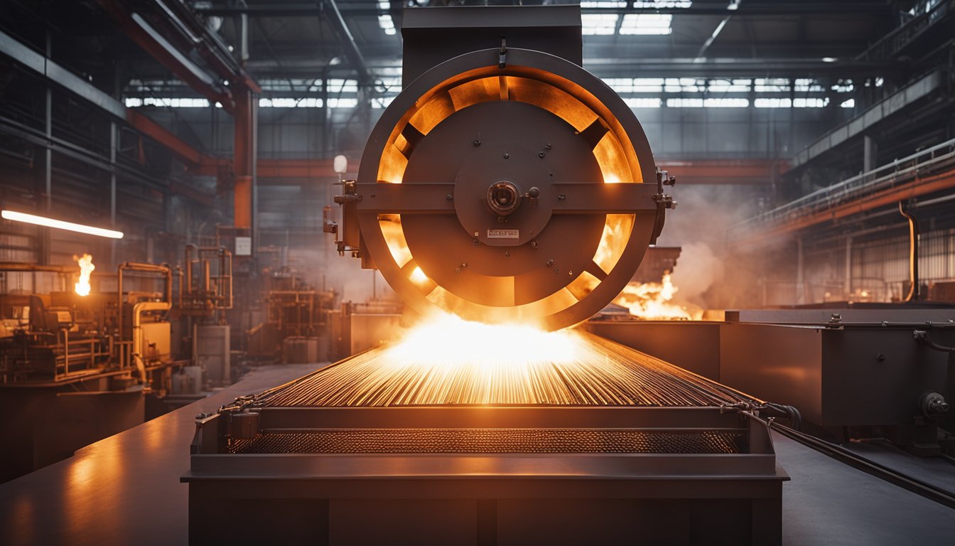 The annealing furnace operates at high temperatures, with glowing red-hot metal inside and a controlled atmosphere to ensure proper heat treatment