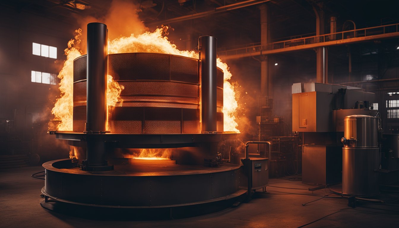 The annealing furnace glows red-hot, with metal materials placed inside for heat treatment. Flames lick the surface as the heat transforms the metal, creating a dramatic and intense visual scene for an illustrator to capture