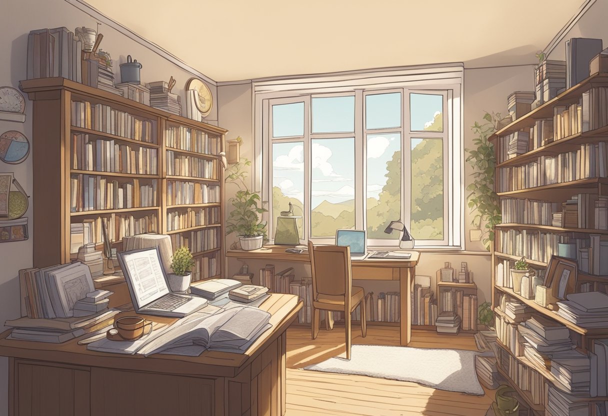 A cozy study with a desk covered in baby name books, a mug of tea, and a notepad filled with scribbled ideas. A window lets in soft, natural light, creating a warm and inviting atmosphere