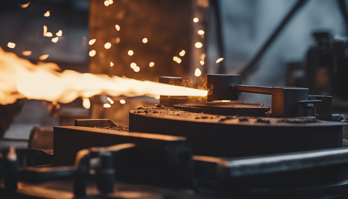 A roaring forging furnace belches flames and heat, surrounded by tools and glowing metal