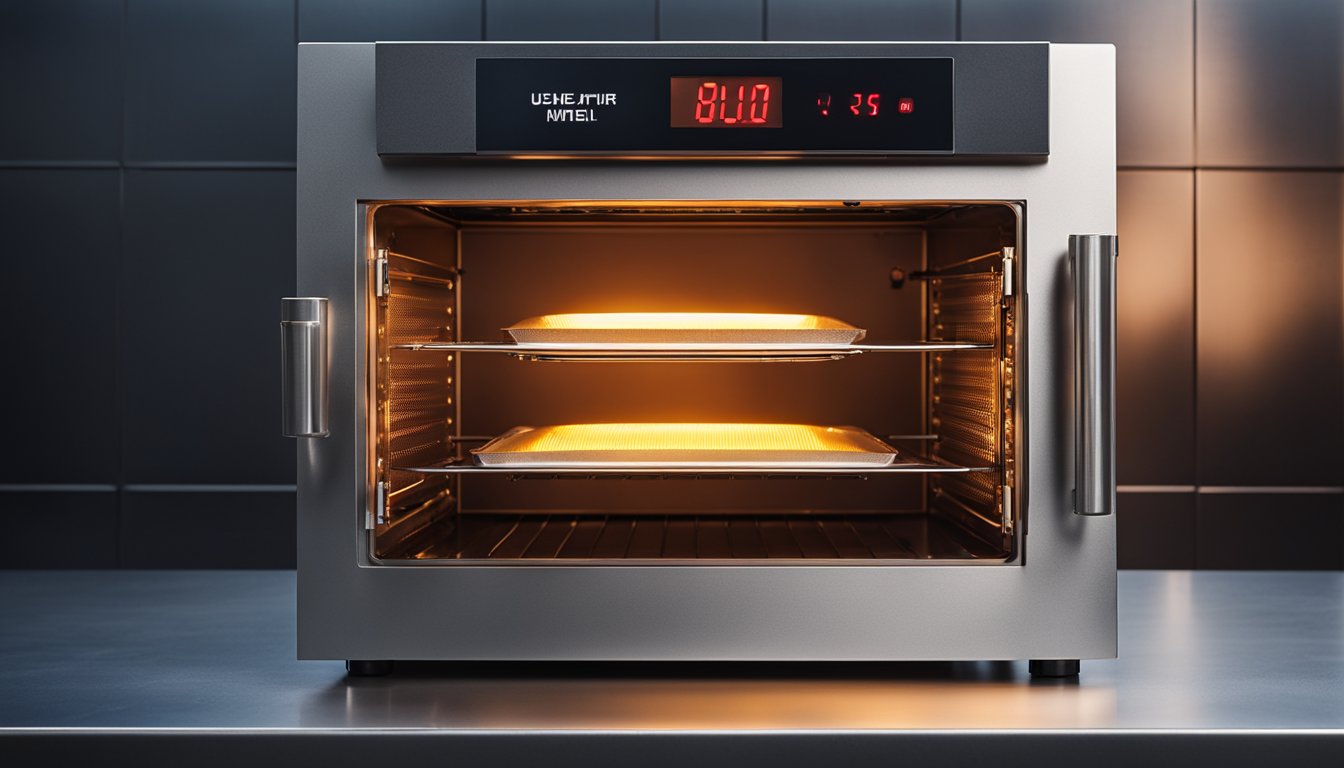 The annealing oven glows red as it heats metal to a precise temperature, with a digital display showing the current settings. The oven is filled with a soft, warm light, and the metal inside appears to be glowing with heat