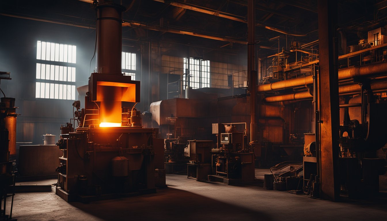 A red-hot forging furnace glows in a dimly lit workshop, surrounded by heavy machinery and tools. The intense heat radiates from the furnace, casting dramatic shadows on the walls