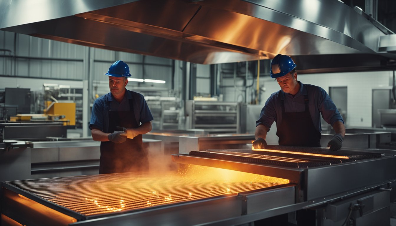 The industrial oven glows red as it heats metal. Machinery surrounds it, with workers in hard hats overseeing the process