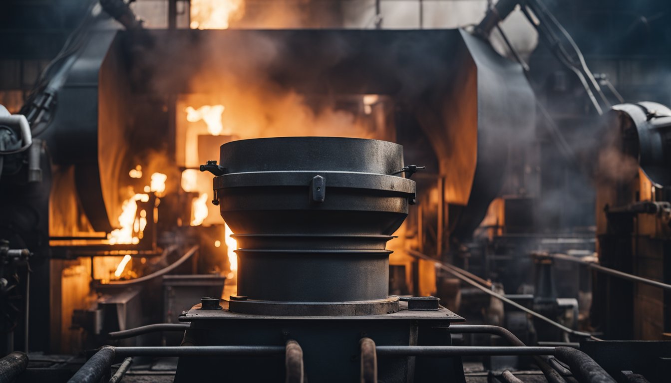 A large, roaring forging furnace with flames licking the sides, surrounded by heavy machinery and tools. Smoke billows out as metal is heated and shaped