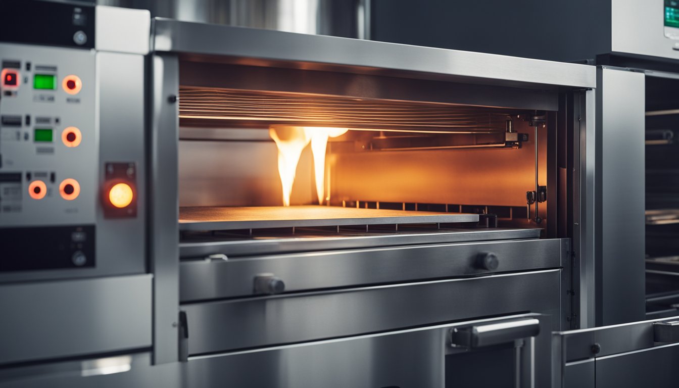 The annealing ovens are heating metal parts, glowing red and emitting heat waves, with a control panel nearby