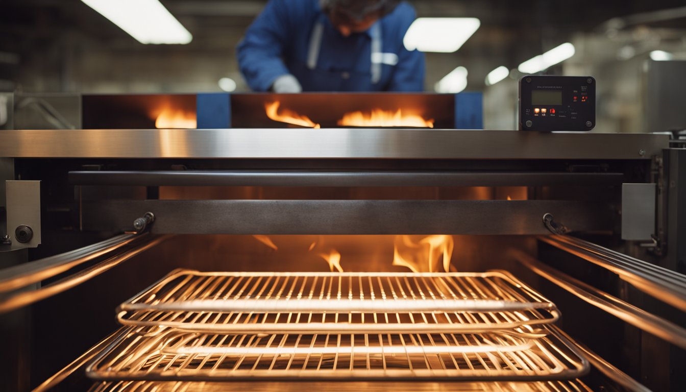 Metal parts being placed into annealing oven, glowing red hot, then slowly cooling, releasing stress and improving their strength and ductility