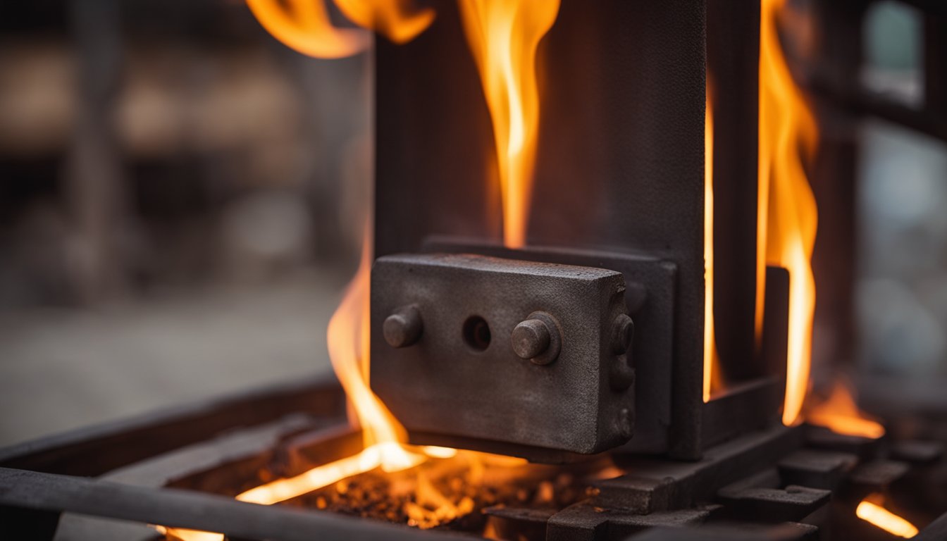 The forging furnace glows with intense heat, casting a warm orange glow on the surrounding area. The flames lick at the metal components inside, heating them to the perfect temperature for forging