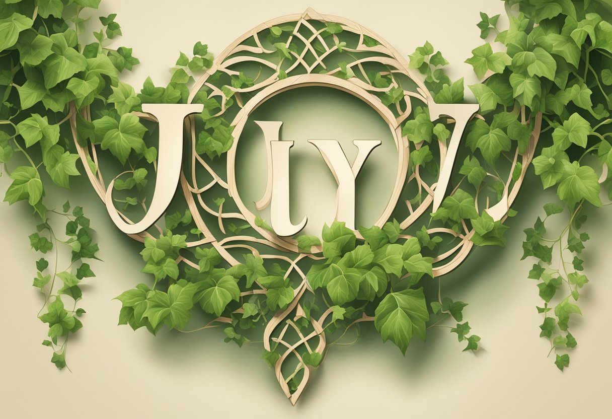 A lush green vine with delicate leaves winds around a wooden trellis, spelling out the name "Ivy" in elegant script